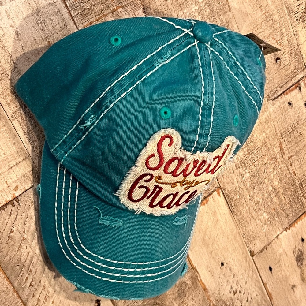 Teal 'Saved by Grace' Distressed Cap